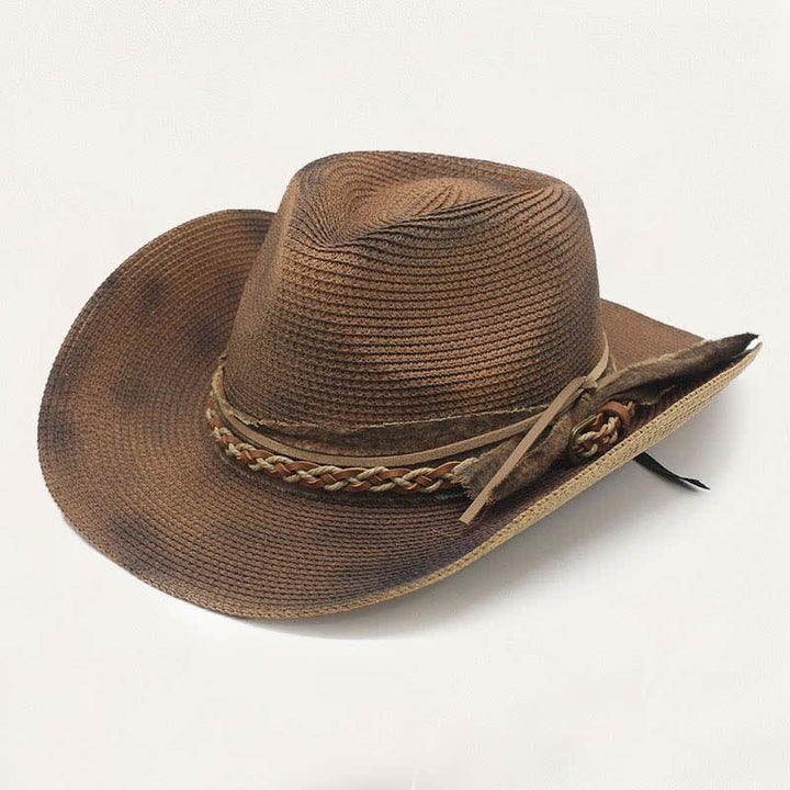 Faded Style Rustic Band Detail Distressed Straw Cowboy Hat - Coffee - M (22"-22 7/8") - image 6
