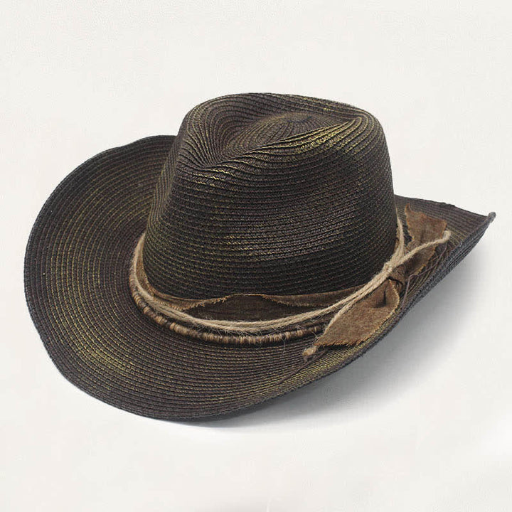 Faded Style Rustic Band Detail Distressed Straw Cowboy Hat - Black - M (22"-22 7/8") - image 4