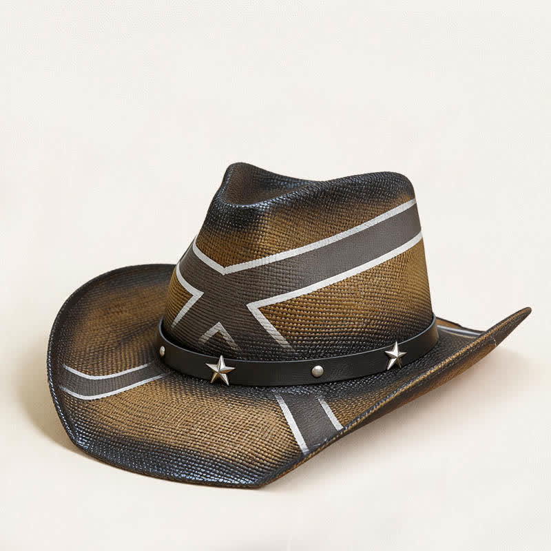 Western Cross Pattern Star-Embellished Band Straw Cowboy Hat - Khaki - L (23 1/4"-23 5/8") - image 0