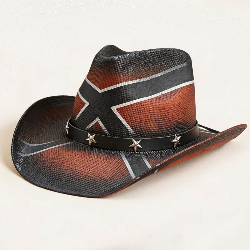 Western Cross Pattern Star-Embellished Band Straw Cowboy Hat - Dark Red - L (23 1/4"-23 5/8") - image 3