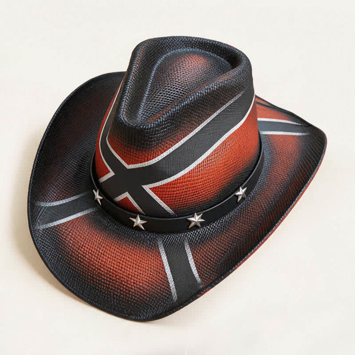 Western Cross Pattern Star-Embellished Band Straw Cowboy Hat - image 5