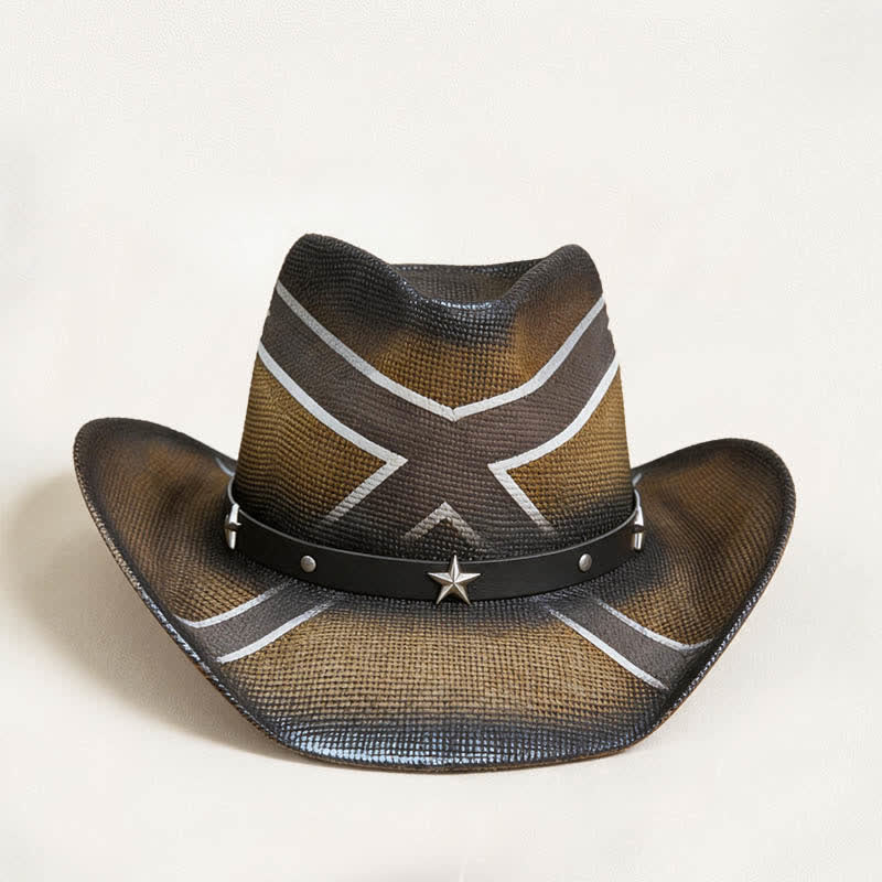 Western Cross Pattern Star-Embellished Band Straw Cowboy Hat - image 1