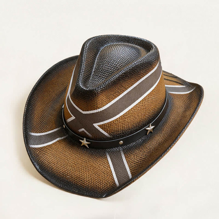 Western Cross Pattern Star-Embellished Band Straw Cowboy Hat - image 2