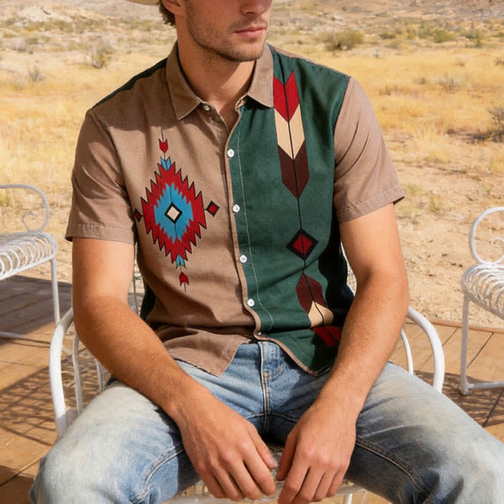 Men's Aztec Tribal Print Split Color Western Shirt - Dark Khaki - 6XL - image 0