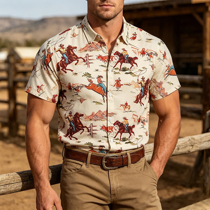 Men's Retro Cowboy Lasso & Horse Print Western Shirt - Ivory - 5XL - image 0