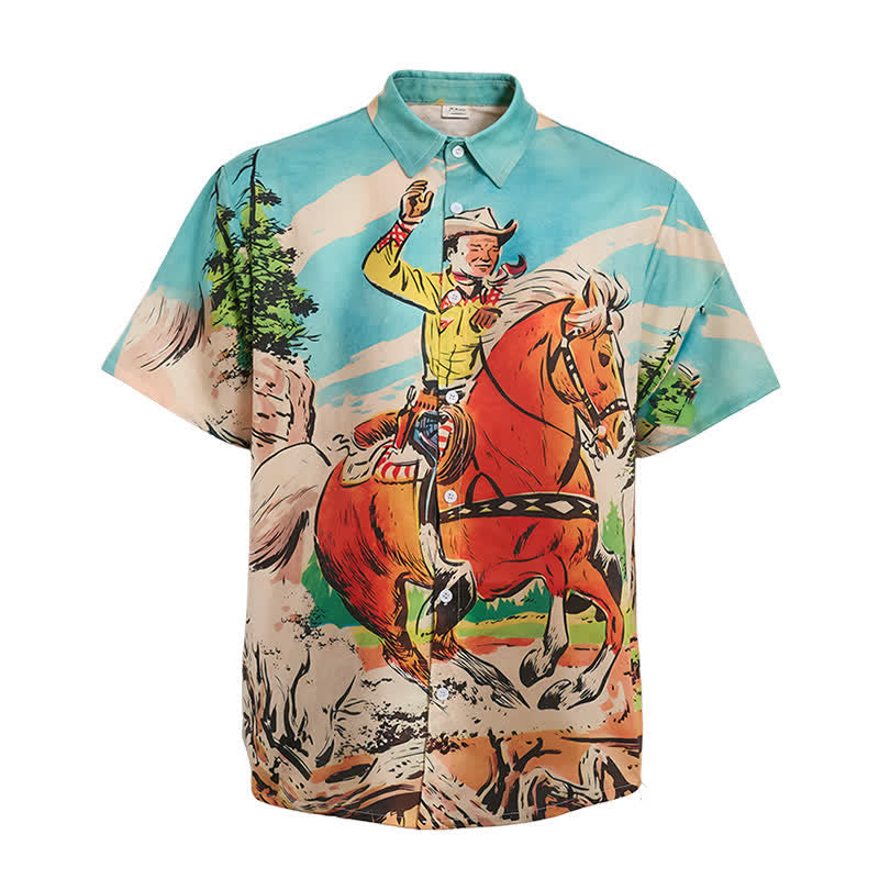 Men's Retro Comic Cowboy & Horse Print Western Shirt - image 9