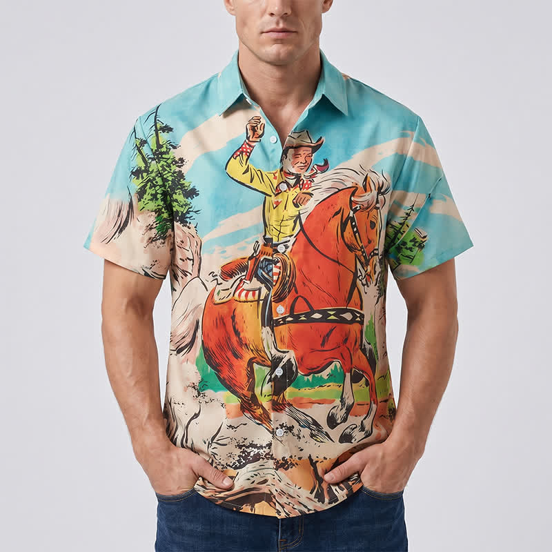 Men's Retro Comic Cowboy & Horse Print Western Shirt - image 1
