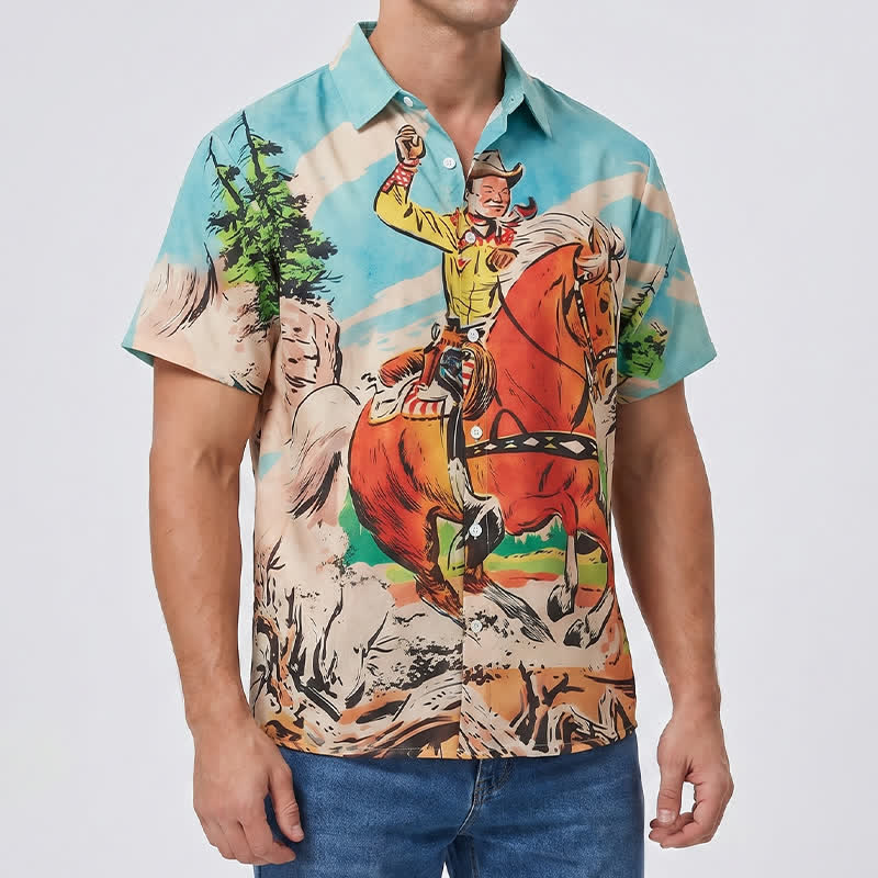 Men's Retro Comic Cowboy & Horse Print Western Shirt - image 3