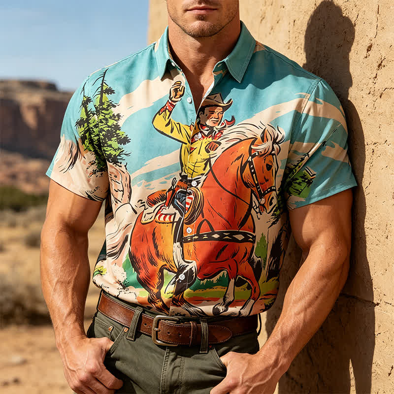 Men's Retro Comic Cowboy & Horse Print Western Shirt - Blue - 5XL - image 0