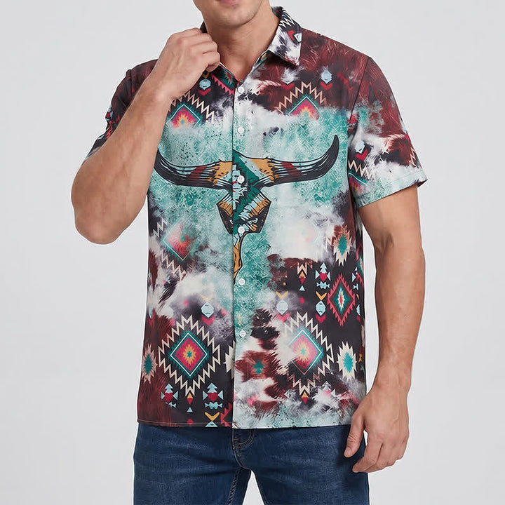 Men's Longhorn Skull Tribal Print Western Shirt - image 1