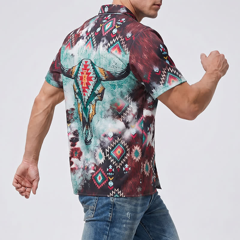 Men's Longhorn Skull Tribal Print Western Shirt - image 3