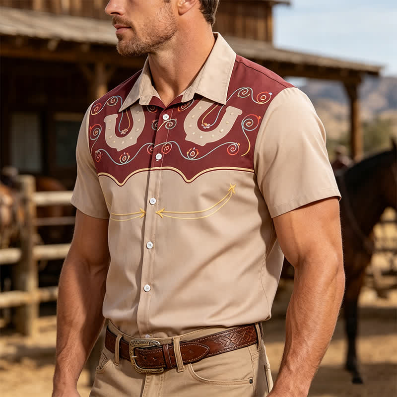 Men's Two-Tone Western Yoke Horseshoe Pattern Shirt - Brown & Khaki - 4XL - image 0