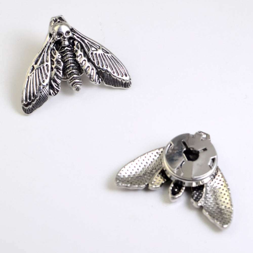 1 Pair Death's Head Moth Snap-On Shirt Button Covers - Silver - image 1