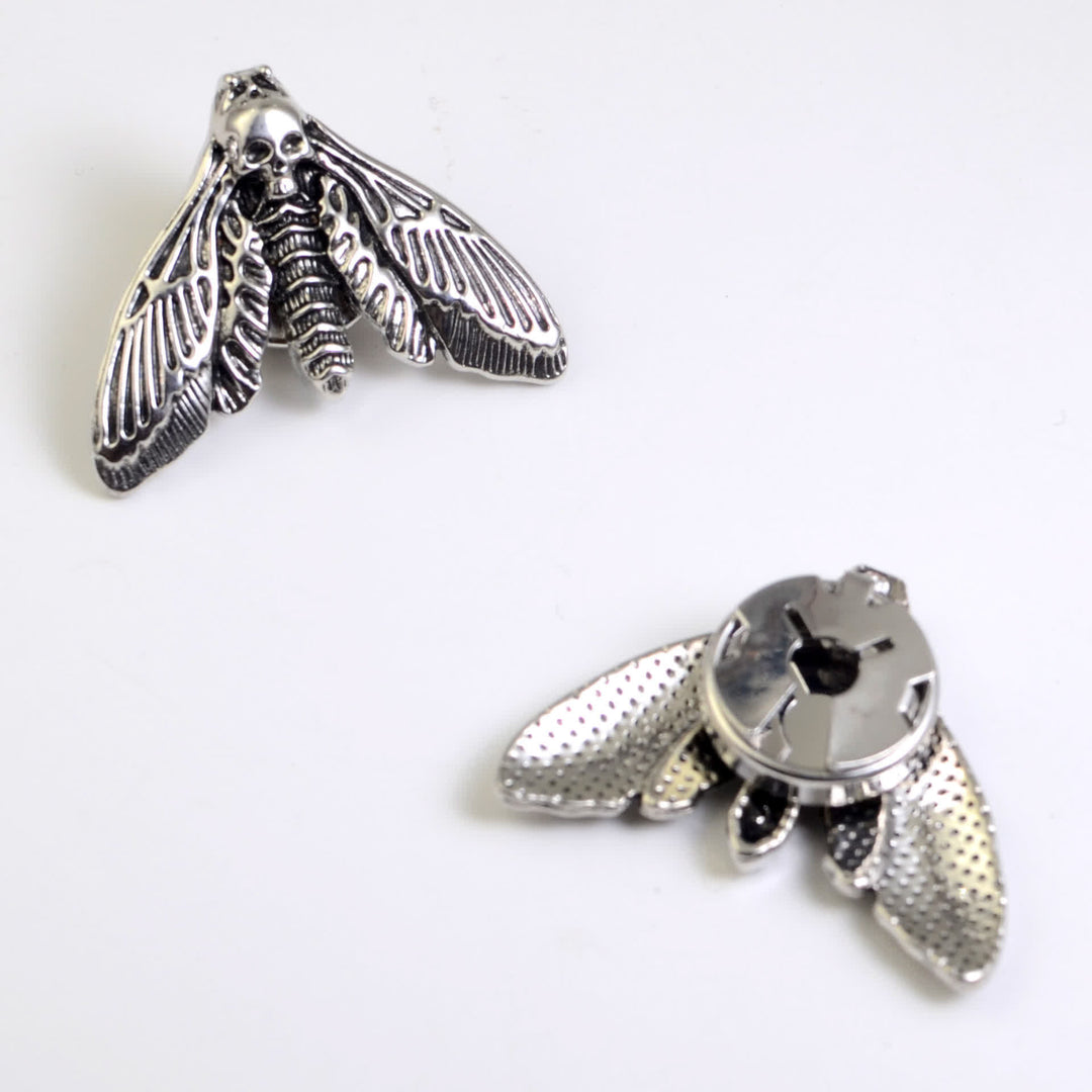 1 Pair Death's Head Moth Snap-On Shirt Button Covers - Silver - image 1
