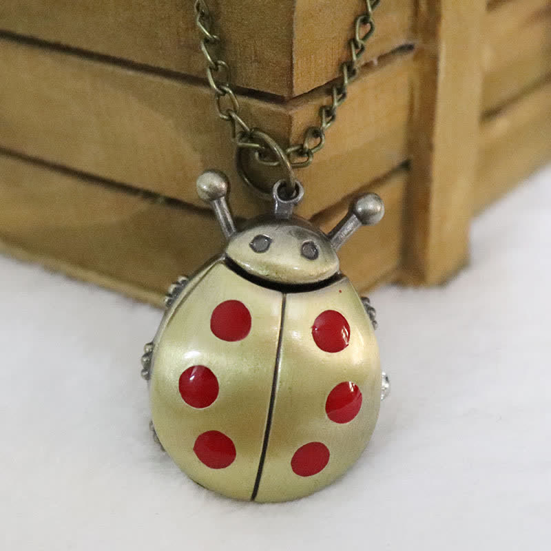 Vintage Antique Bronze Ladybug Pocket Watch Necklace - Red - image 0