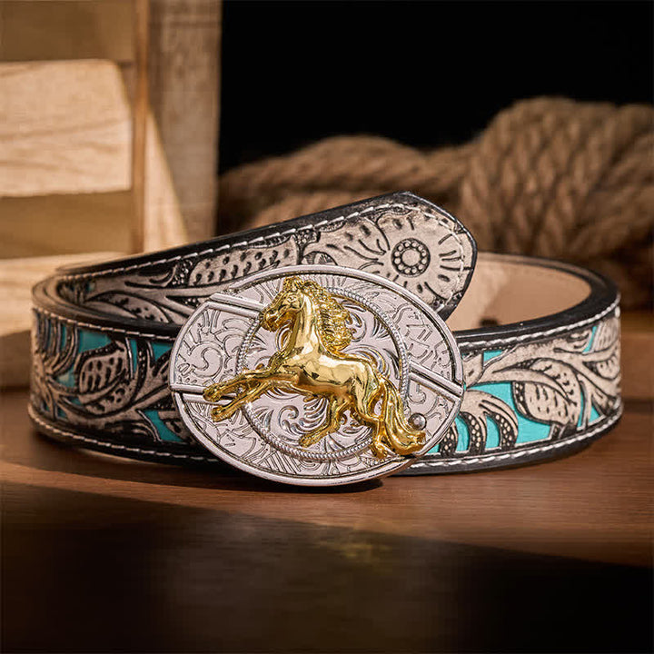Silver & Gold Galloping Horse DIY Hidden Folding Knife Buckle Leather Belt - Galloping Horse - Gray Floral Belt - 42 - image 8