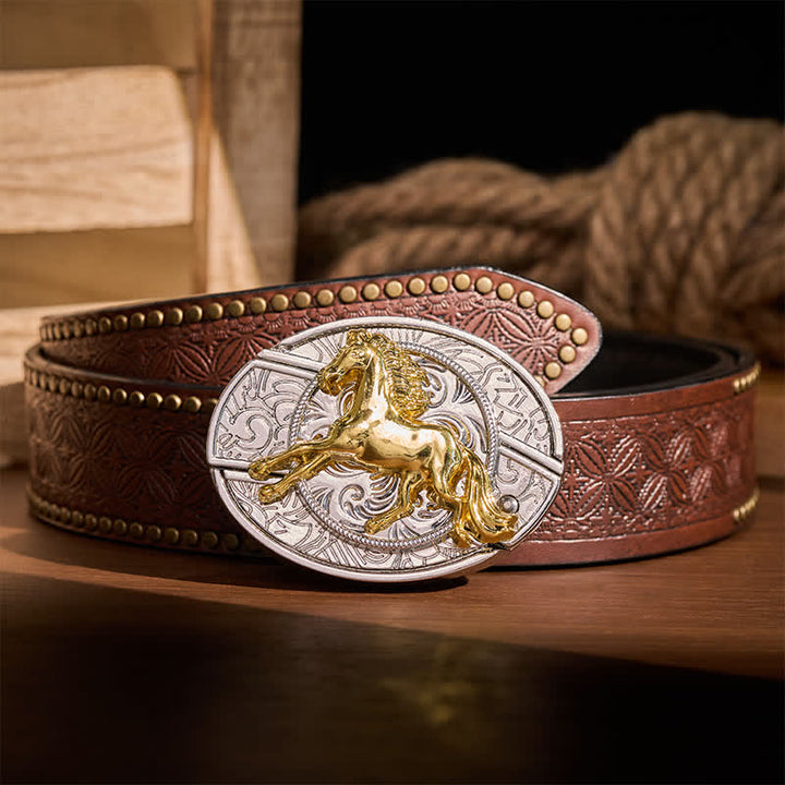 Silver & Gold Galloping Horse DIY Hidden Folding Knife Buckle Leather Belt - Galloping Horse - Brown Rivet Belt - 42 - image 4