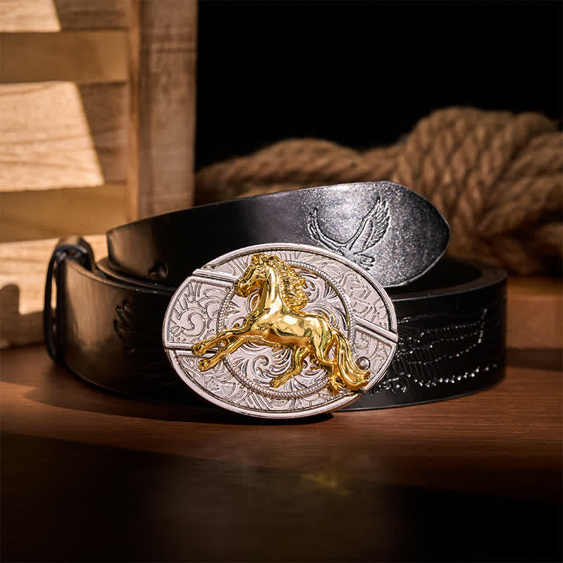 Silver & Gold Galloping Horse DIY Hidden Folding Knife Buckle Leather Belt - Galloping Horse - Black Embossed Eagle Belt - 42 - image 2