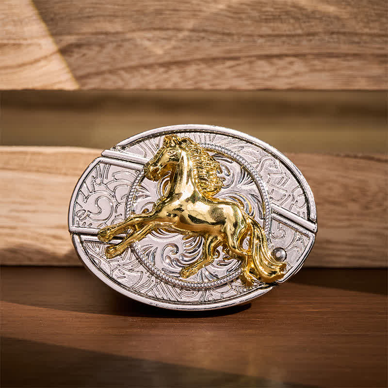 Silver & Gold Galloping Horse DIY Hidden Folding Knife Buckle Leather Belt - Galloping Horse - Without Belt - Not Included Belt - image 0