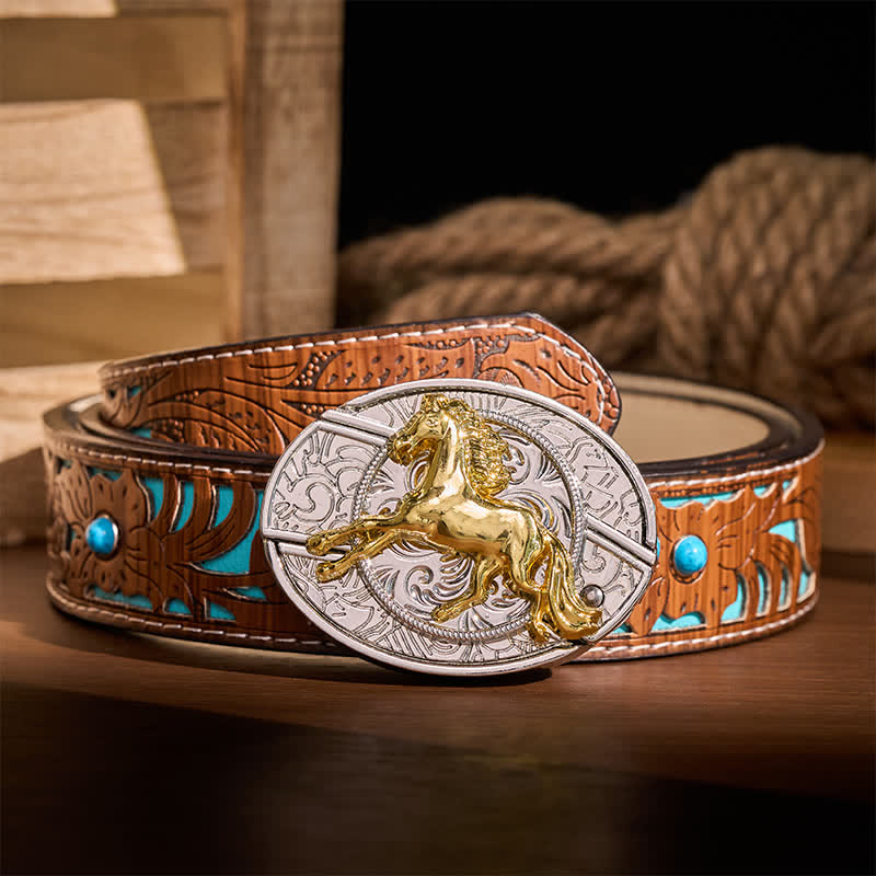 Silver & Gold Galloping Horse DIY Hidden Folding Knife Buckle Leather Belt - Galloping Horse - Turquoise Carved Belt - 42 - image 3