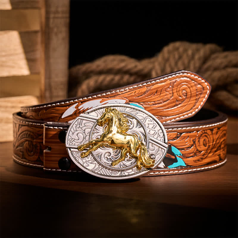 Silver & Gold Galloping Horse DIY Hidden Folding Knife Buckle Leather Belt - Galloping Horse - Brown Feather Belt - 40 - image 7