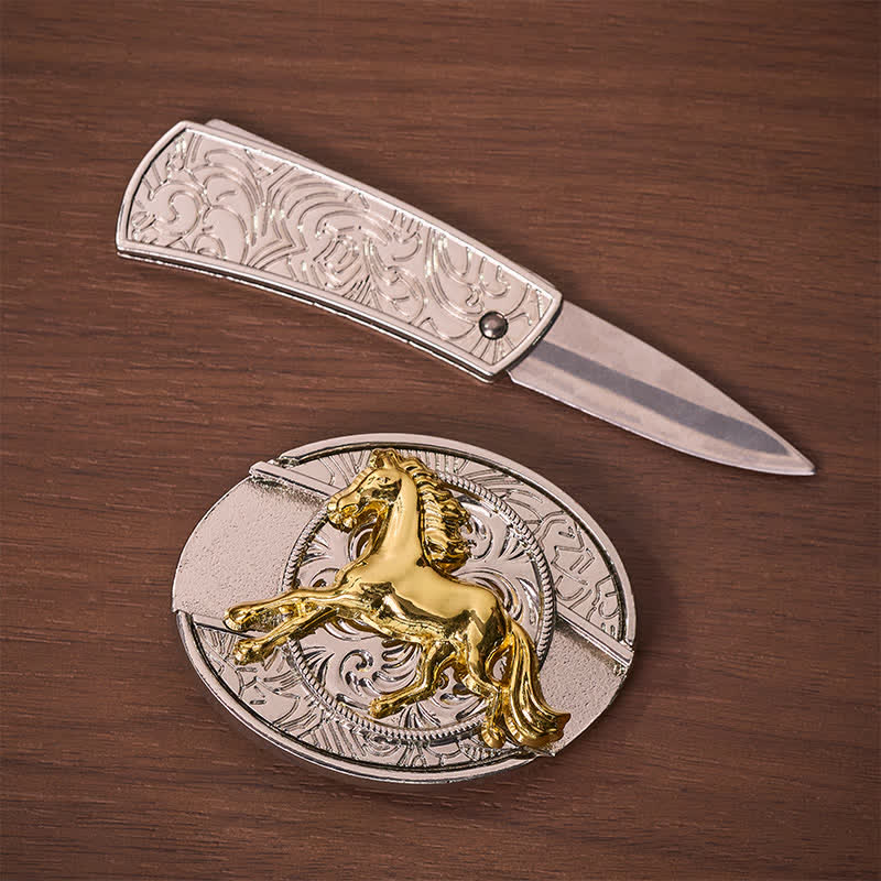 Silver & Gold Galloping Horse DIY Hidden Folding Knife Buckle Leather Belt - image 1