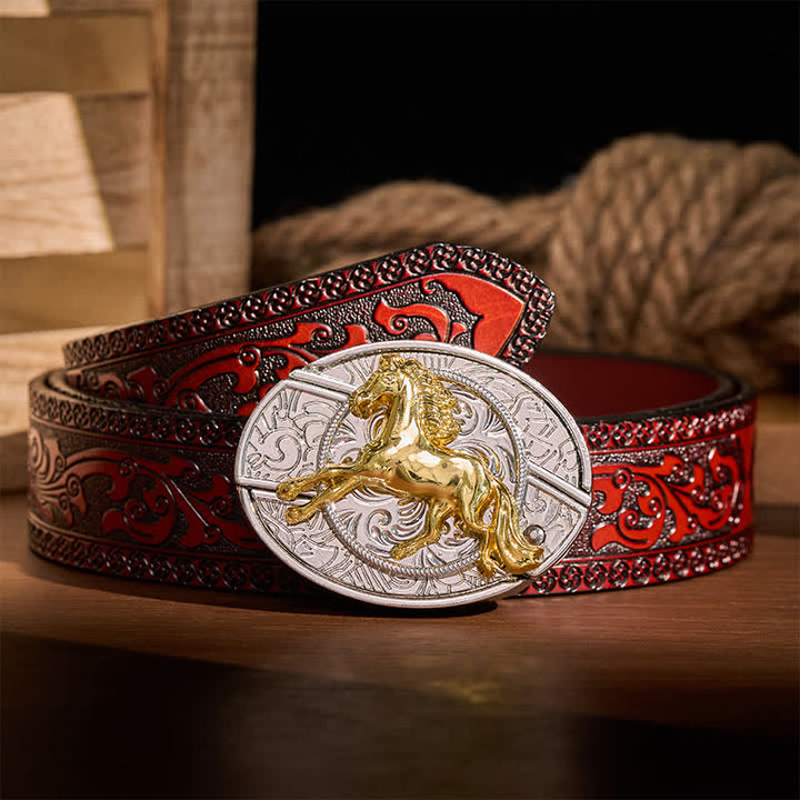 Silver & Gold Galloping Horse DIY Hidden Folding Knife Buckle Leather Belt - Galloping Horse - Brown Carved Belt - 42 - image 6