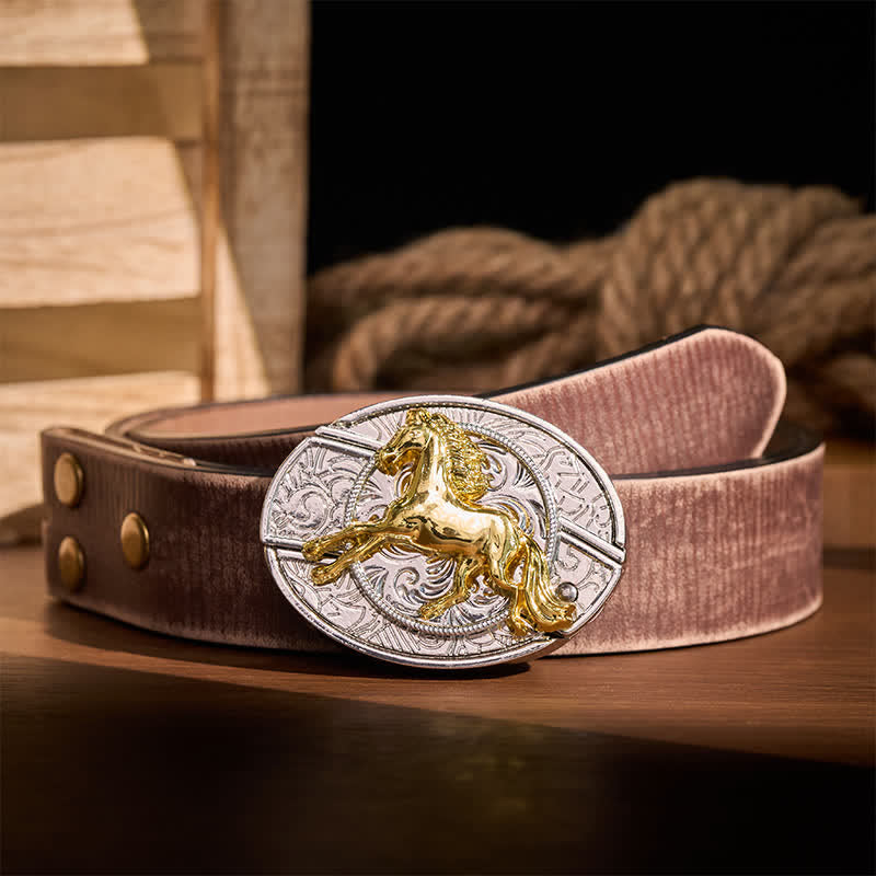 Silver & Gold Galloping Horse DIY Hidden Folding Knife Buckle Leather Belt - Galloping Horse - Brown Distressed Belt - 42 - image 5