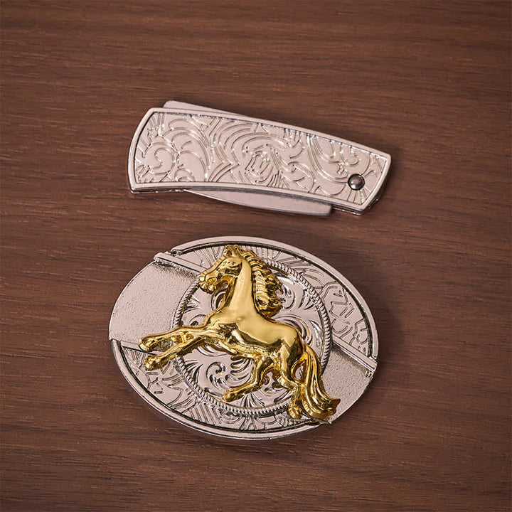 Silver & Gold Galloping Horse DIY Hidden Folding Knife Buckle Leather Belt - image 10