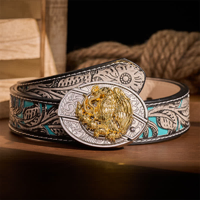 Gold Eagle Serpent DIY Hidden Folding Knife Silver Buckle Leather Belt - Eagle & Serpent - Gray Floral Belt - 42 - image 8
