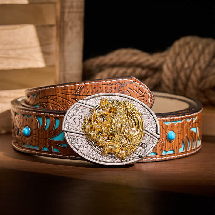Gold Eagle Serpent DIY Hidden Folding Knife Silver Buckle Leather Belt - Eagle & Serpent - Turquoise Carved Belt - 42 - image 3