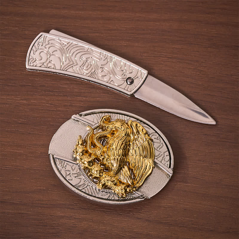 Gold Eagle Serpent DIY Hidden Folding Knife Silver Buckle Leather Belt - image 1