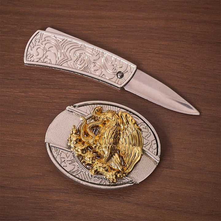 Gold Eagle Serpent DIY Hidden Folding Knife Silver Buckle Leather Belt - image 1