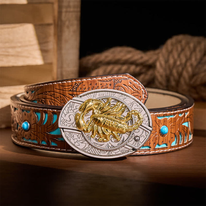 Silver & Gold Gothic Scorpion DIY Hidden Folding Knife Buckle Leather Belt - Scorpion - Turquoise Carved Belt - 42 - image 3