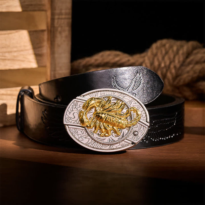 Silver & Gold Gothic Scorpion DIY Hidden Folding Knife Buckle Leather Belt - Scorpion - Black Embossed Eagle Belt - 42 - image 2