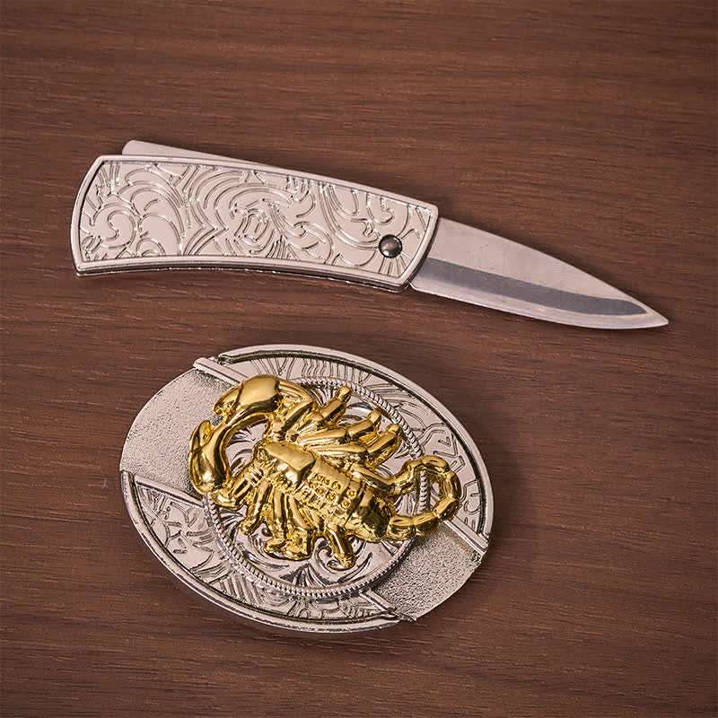 Silver & Gold Gothic Scorpion DIY Hidden Folding Knife Buckle Leather Belt - image 1