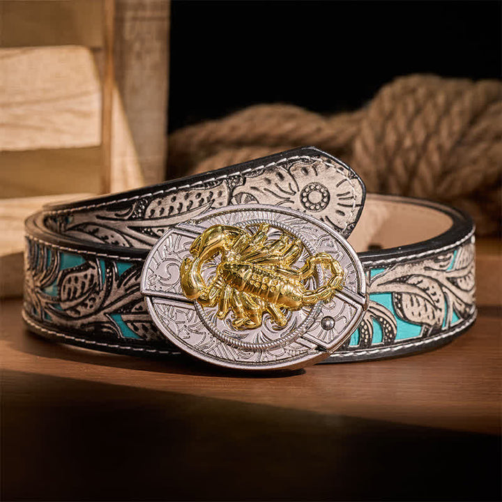 Silver & Gold Gothic Scorpion DIY Hidden Folding Knife Buckle Leather Belt - Scorpion - Gray Floral Belt - 42 - image 8