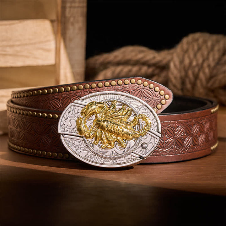 Silver & Gold Gothic Scorpion DIY Hidden Folding Knife Buckle Leather Belt - Scorpion - Brown Rivet Belt - 42 - image 4