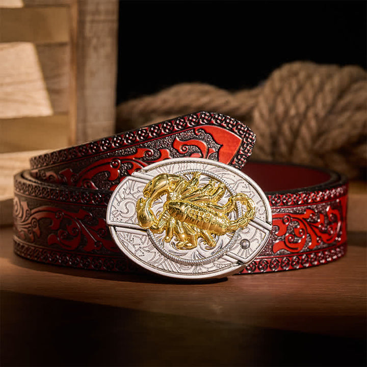 Silver & Gold Gothic Scorpion DIY Hidden Folding Knife Buckle Leather Belt - Scorpion - Brown Carved Belt - 42 - image 6