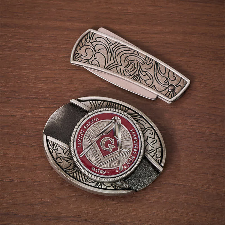 Red Enamel Freemasonry Symbol DIY Hidden Folding Knife Buckle Leather Belt - image 10