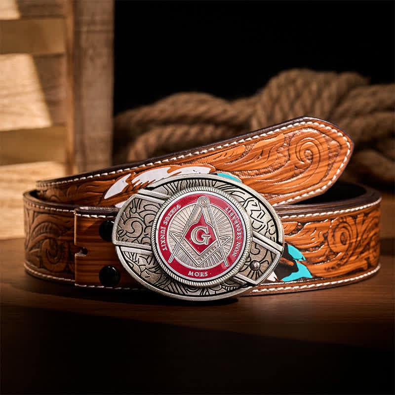 Red Enamel Freemasonry Symbol DIY Hidden Folding Knife Buckle Leather Belt - Red - Brown Feather Belt - 40 - image 7
