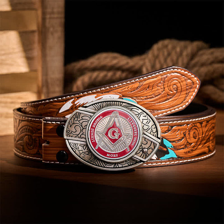 Red Enamel Freemasonry Symbol DIY Hidden Folding Knife Buckle Leather Belt - Red - Brown Feather Belt - 40 - image 7