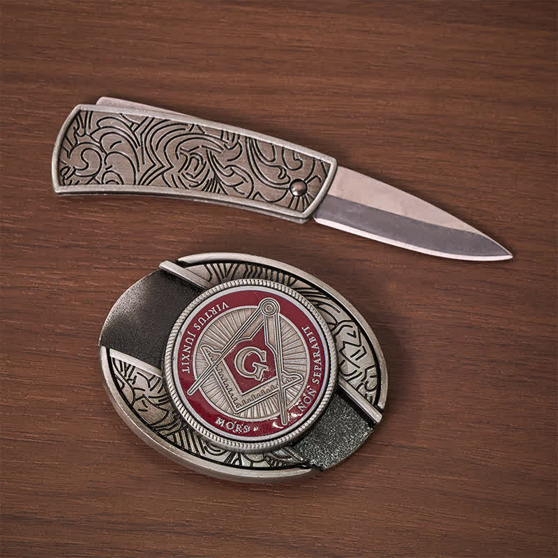 Red Enamel Freemasonry Symbol DIY Hidden Folding Knife Buckle Leather Belt - image 1