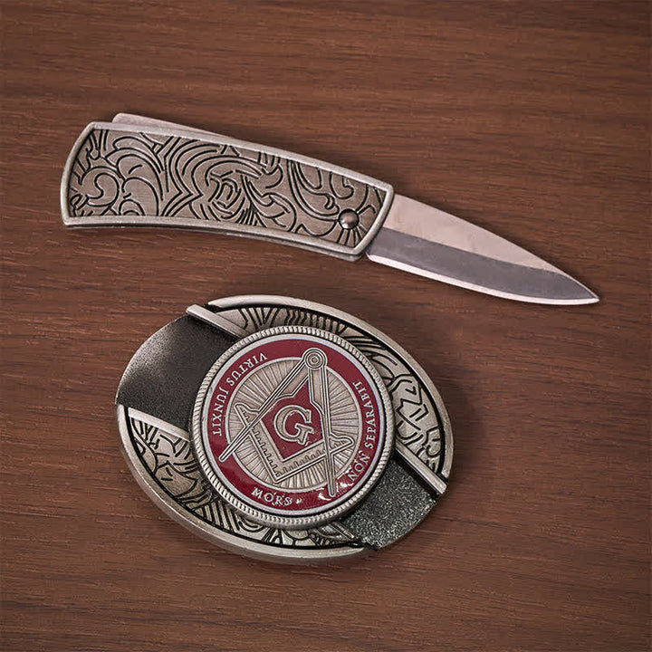 Red Enamel Freemasonry Symbol DIY Hidden Folding Knife Buckle Leather Belt - image 1