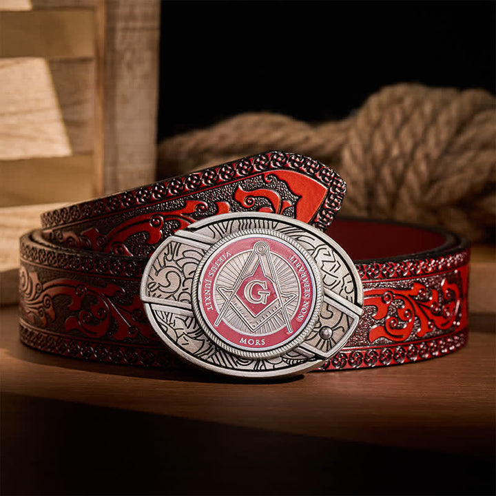 Red Enamel Freemasonry Symbol DIY Hidden Folding Knife Buckle Leather Belt - Red - Brown Carved Belt - 42 - image 6