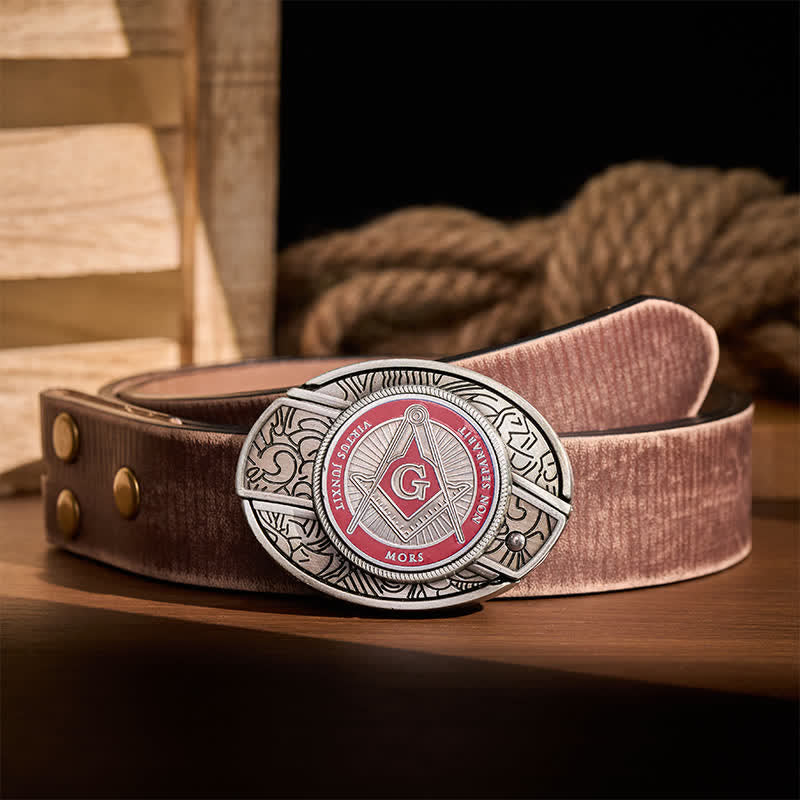 Red Enamel Freemasonry Symbol DIY Hidden Folding Knife Buckle Leather Belt - Red - Brown Distressed Belt - 42 - image 5