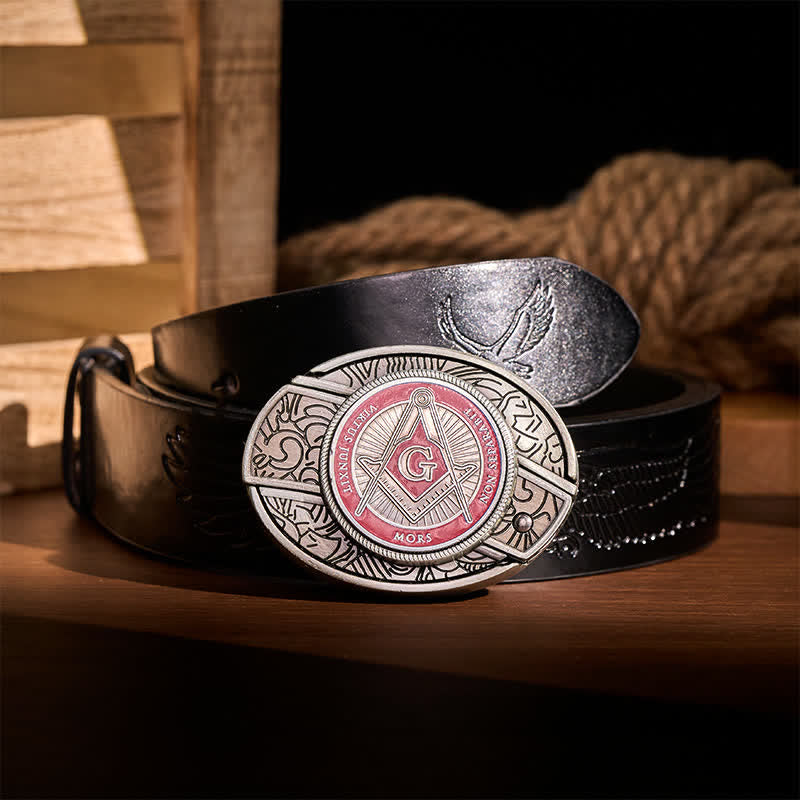 Red Enamel Freemasonry Symbol DIY Hidden Folding Knife Buckle Leather Belt - Red - Black Embossed Eagle Belt - 42 - image 2