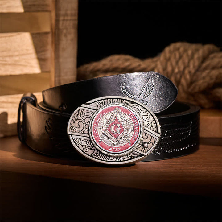 Red Enamel Freemasonry Symbol DIY Hidden Folding Knife Buckle Leather Belt - Red - Black Embossed Eagle Belt - 42 - image 2