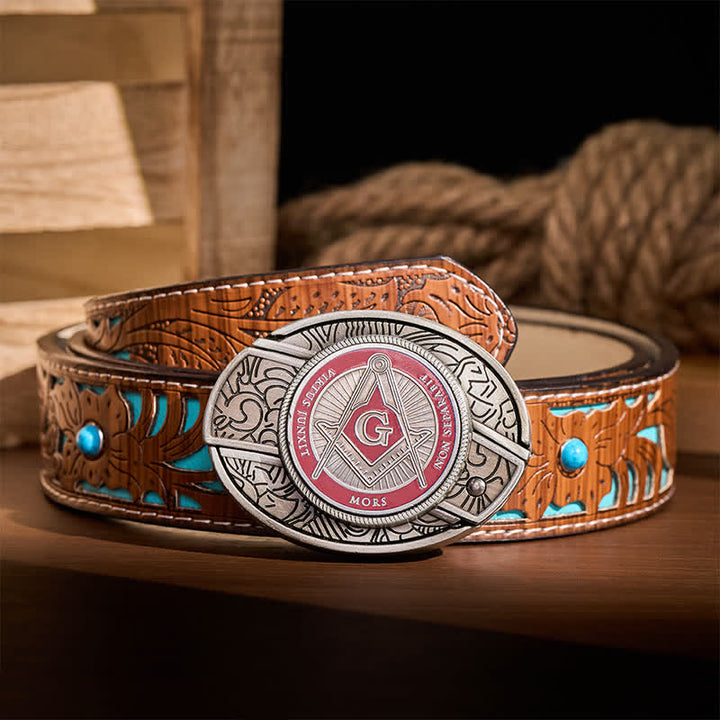 Red Enamel Freemasonry Symbol DIY Hidden Folding Knife Buckle Leather Belt - Red - Turquoise Carved Belt - 42 - image 3