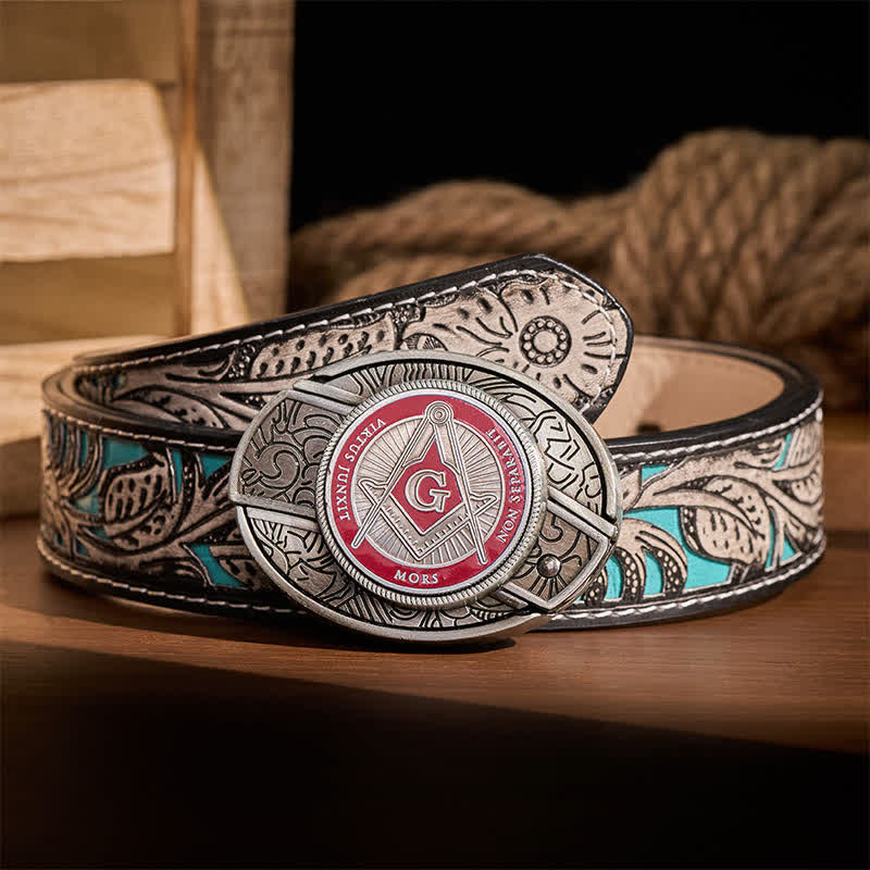 Red Enamel Freemasonry Symbol DIY Hidden Folding Knife Buckle Leather Belt - Red - Gray Floral Belt - 42 - image 8
